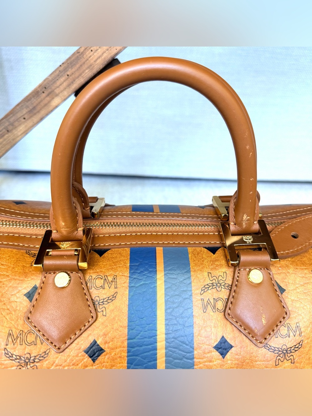 MCM Rare Visetos Blue Stripe Boston Satchel Bag Cognac Gold Hardware - Picture 4 of 13